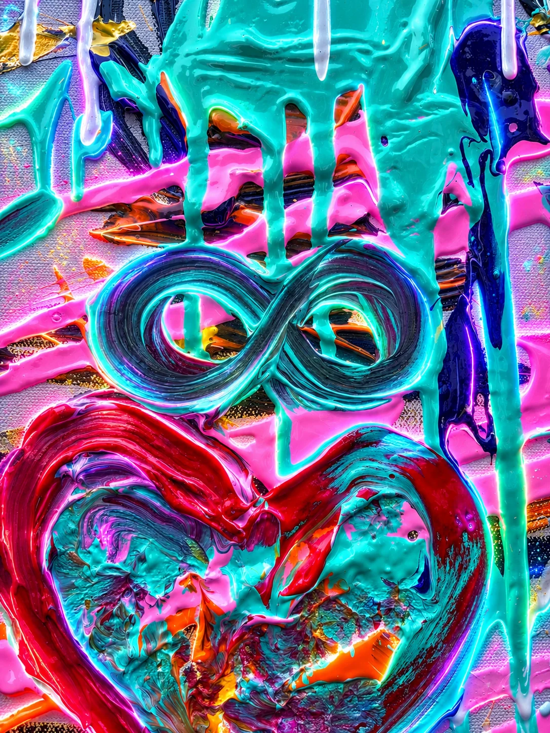 Turquoise paint dripping over hot pink, with a swirled infinity symbol above a crimson heart