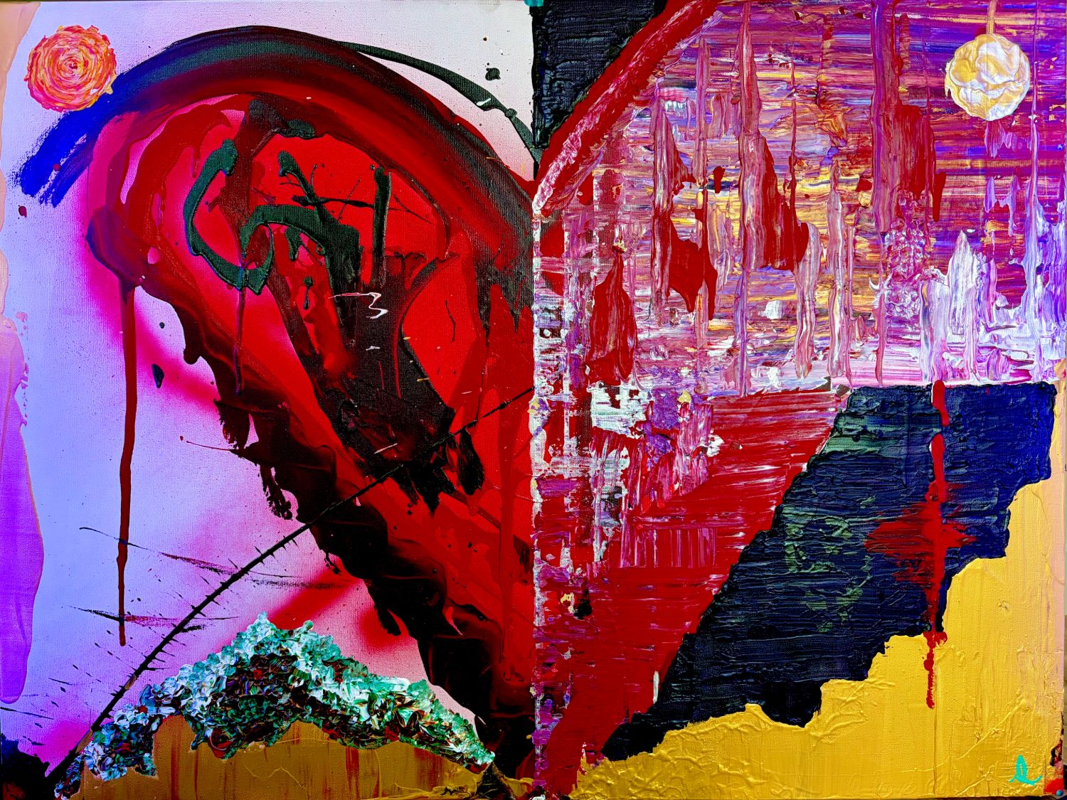 Heart painting in crimson, magenta, lavender, navy and gold