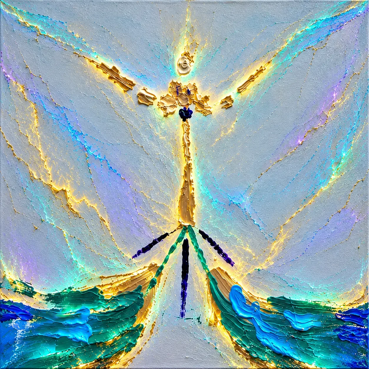 Golden figure with open arms rising from teal and blue waves, in pale lavender and gold light