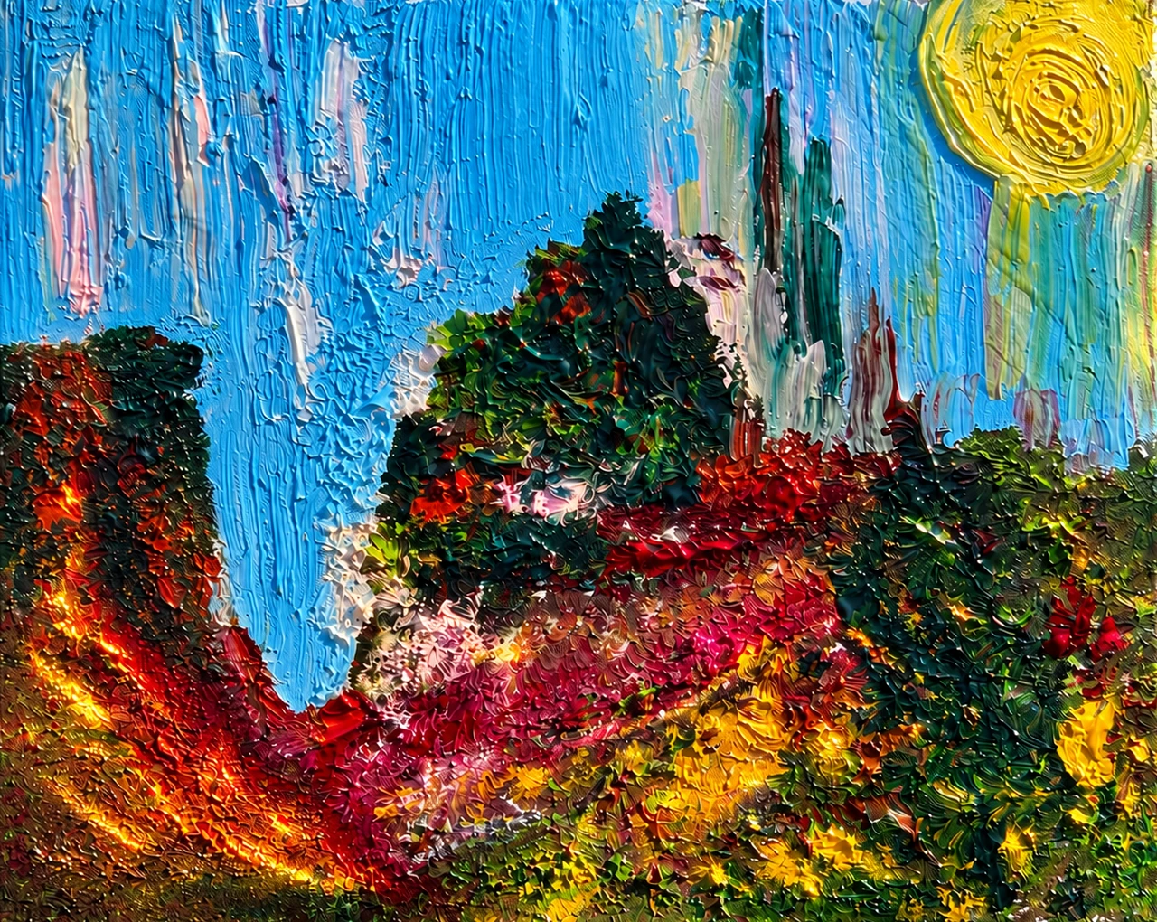 Thick sky-blue strokes over a green tree, crimson and golden fields, and a yellow sun