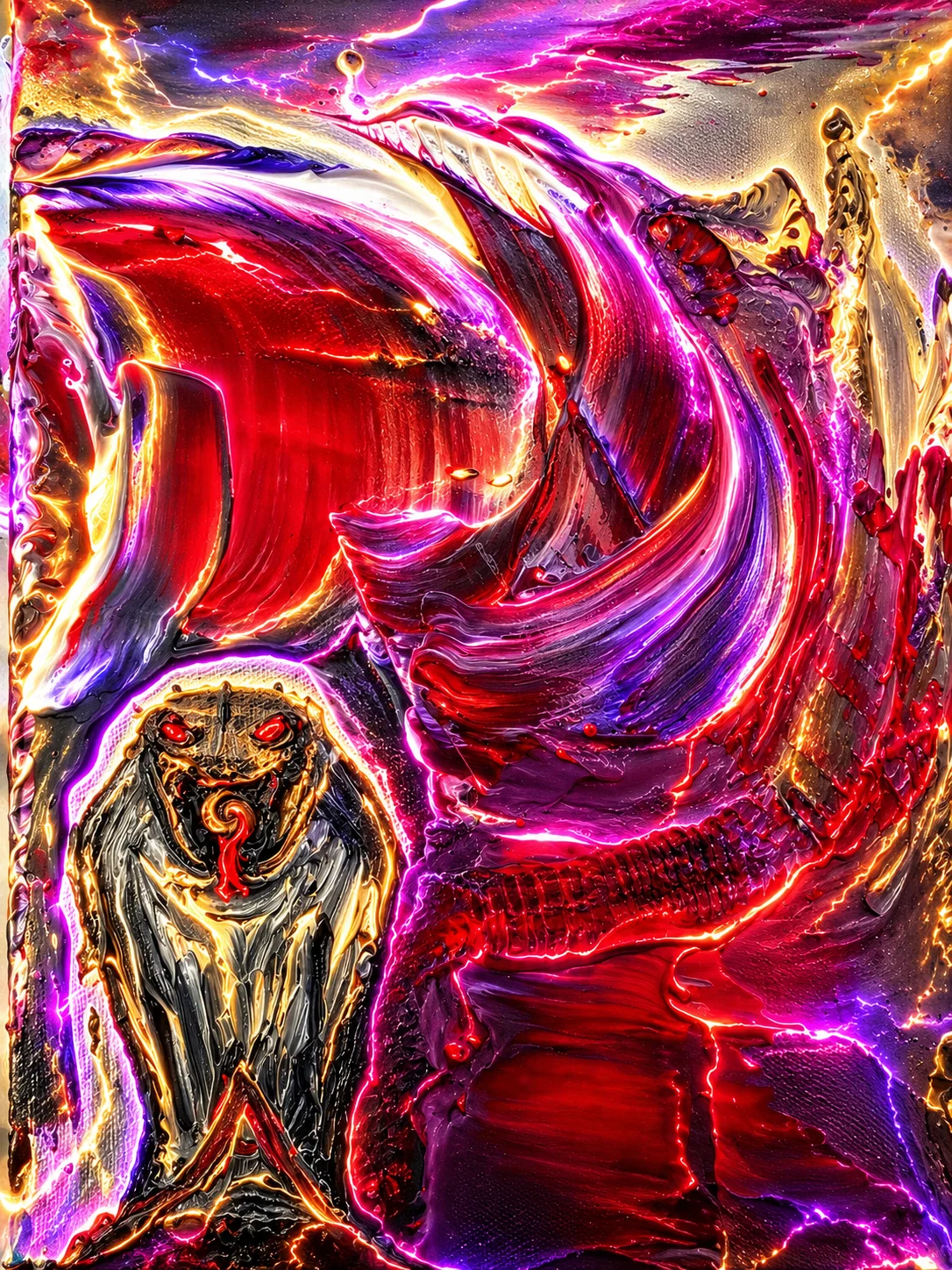 A red-eyed guardian figure beneath a sweeping wave of crimson and violet paint, edged in glowing gold