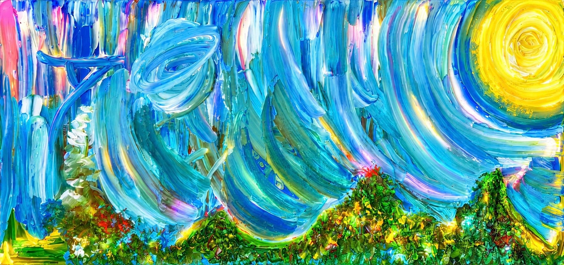 Swirling sky-blue brushstrokes over green hills under a spiraling yellow sun